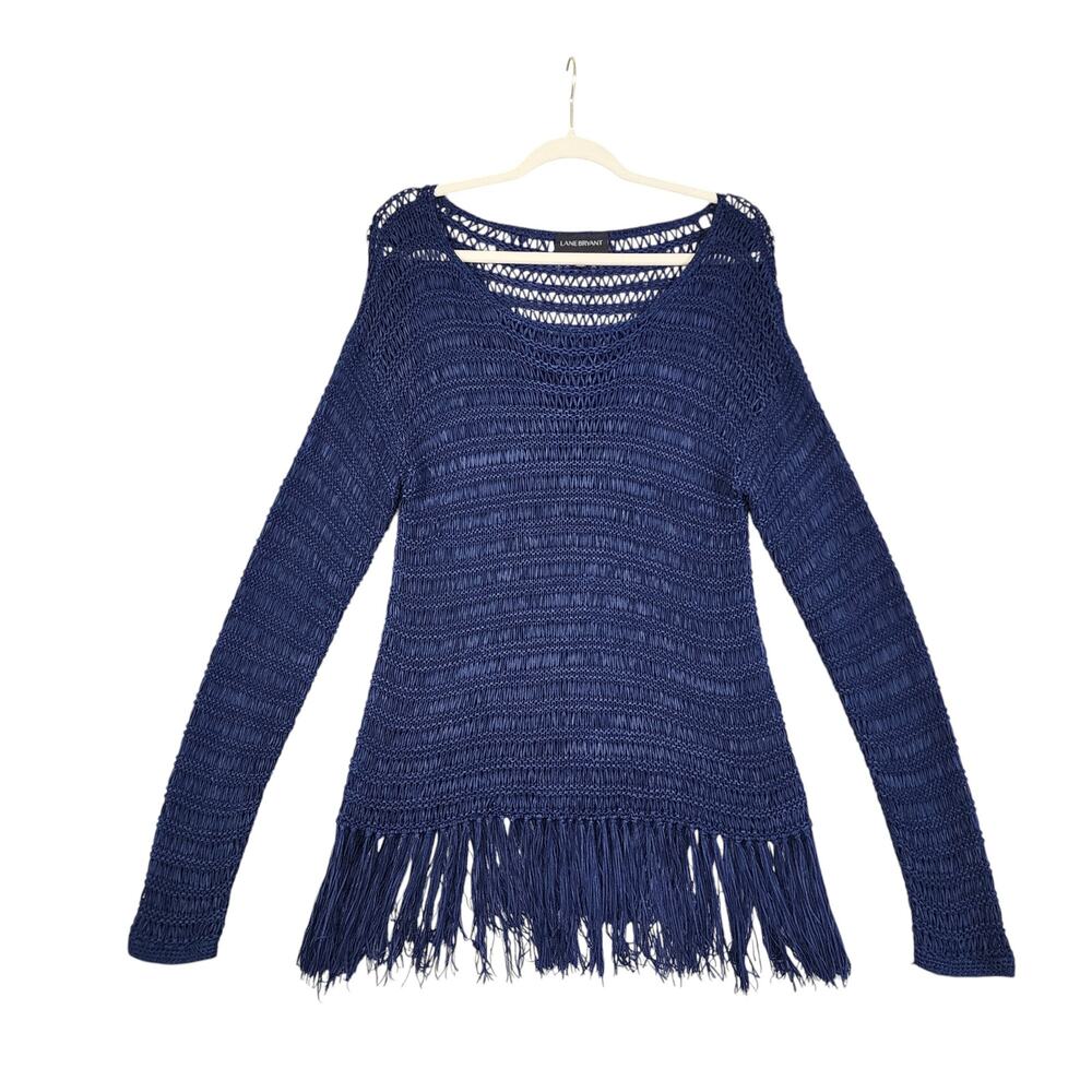 Lane Bryant Womens Crochet‎ Knit Fringe Sweater Plus Size 14/16 Navy Blue Boho
